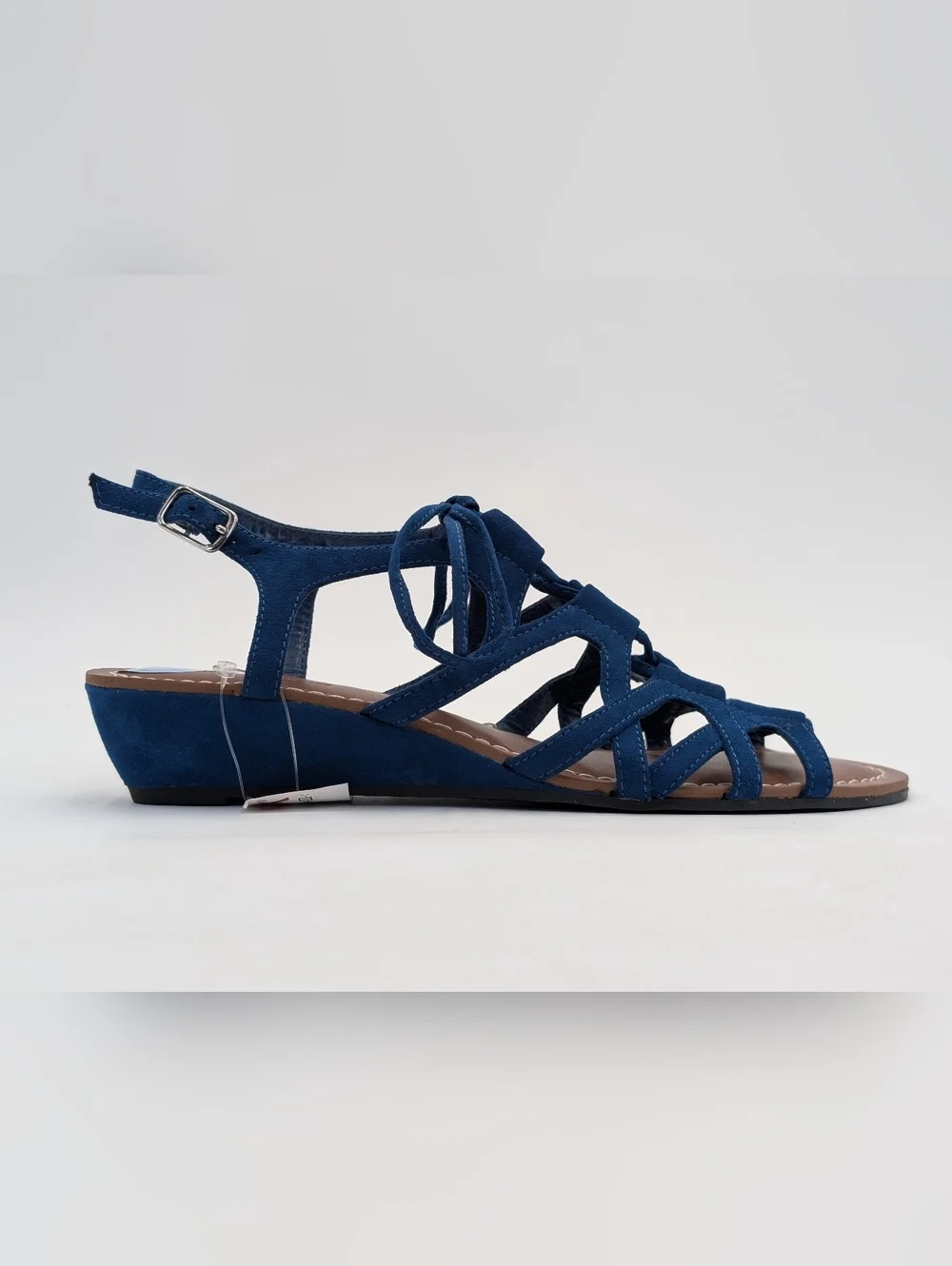 NWT Carlos Kiara2 Sz 7.5 Strappy Low-Wedge Rich Blue Fabric Upper Silver Buckles
